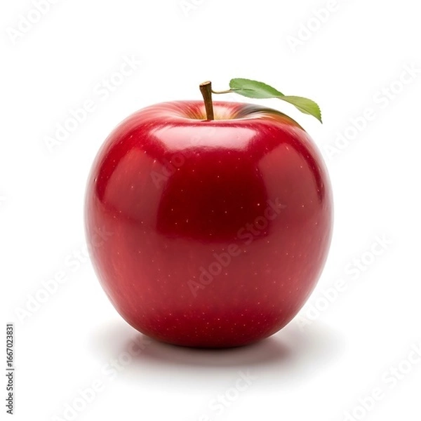 Fototapeta Single, glossy red apple with leaves
