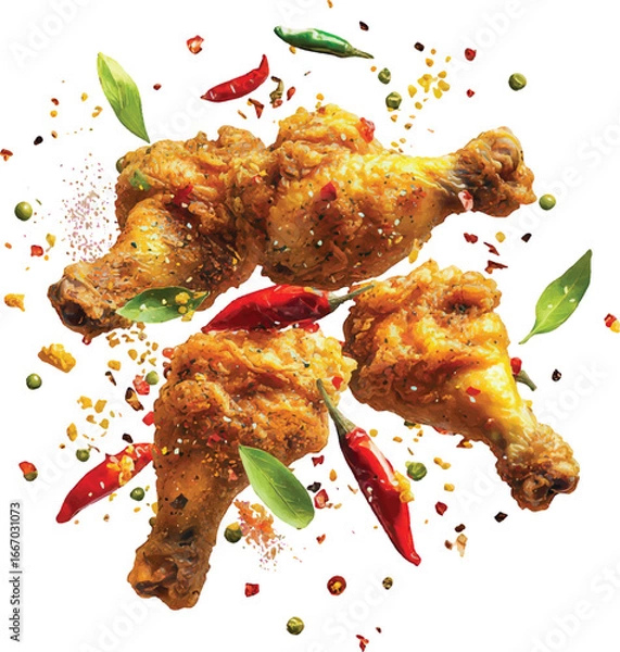Obraz Crispy Fried Chicken Drumsticks with Chili Peppers and Spices on White Background golden brown