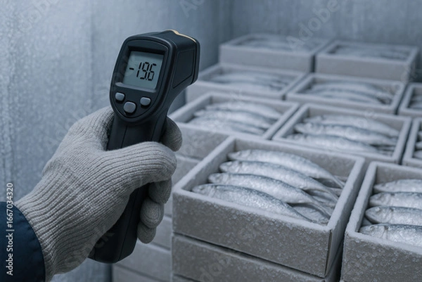 Fototapeta Infrared thermometer measuring cold temperature of frozen fish in storage boxes, gloved hand holding device in cold environment