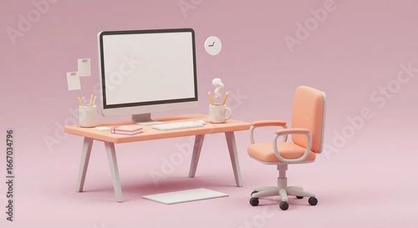 Fototapeta Minimalist Home Office Setup with Computer and Chair.