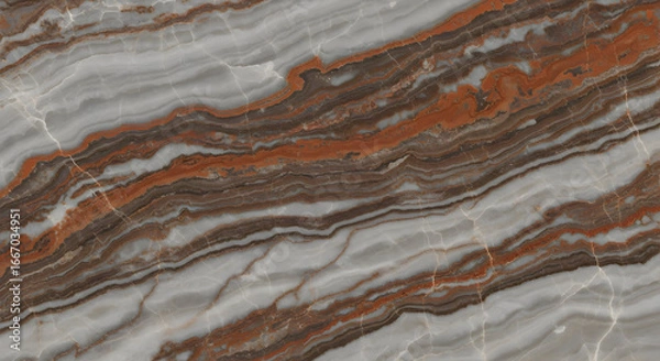 Fototapeta banded onyx in orange, brown, grey, and white, rich natural stone, polished translucent slab for luxurious countertops, dramatic feature walls, and opulent interiors

