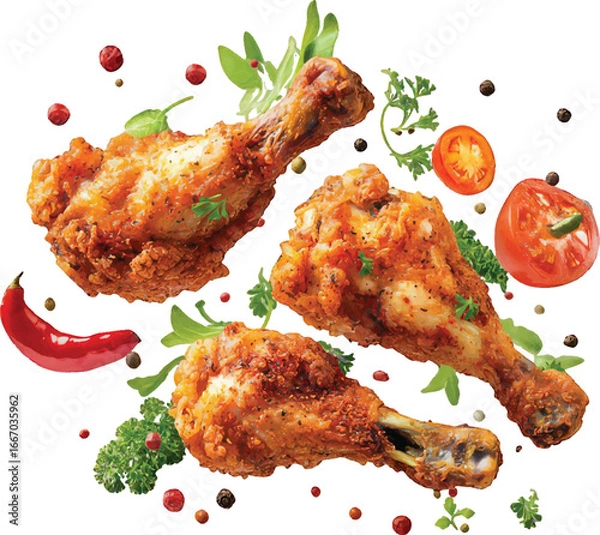 Obraz Three Crispy Fried Chicken Drumsticks with Spices and Vegetables on White Background breaded