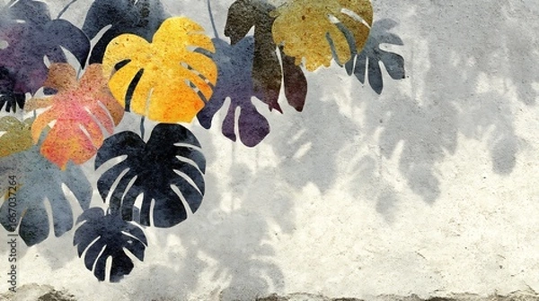 Fototapeta Tropical Monstera Leaves on Textured White Background with Shadow - Abstract Minimalist Design for Copy Space