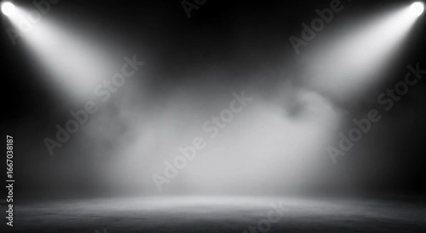 Obraz スポットライトに照らされた煙が漂う暗いステージの背景