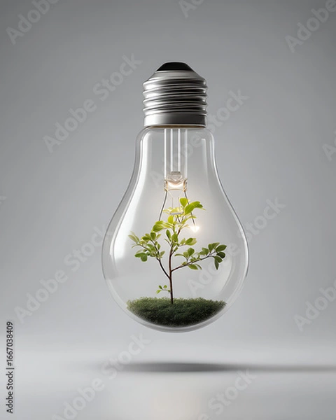 Fototapeta Floating Lightbulb with Plant Inside – Photoreal Studio Shot
