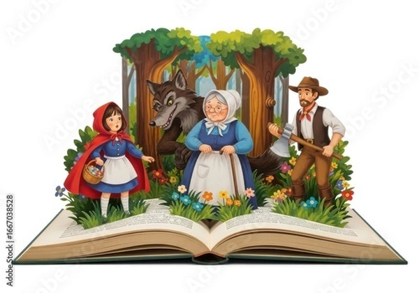 Fototapeta An open book with a popup illustration of little red riding hood isolated on white background