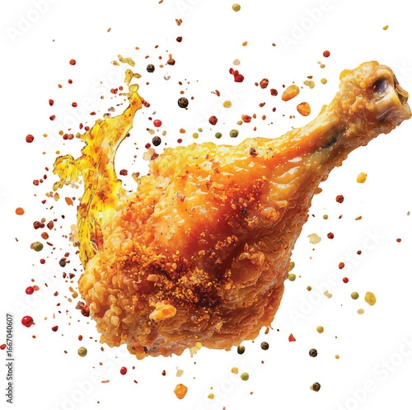 Obraz Crispy Fried Chicken Drumstick with Colorful Spice Splash and Pepper Flakes food cooking