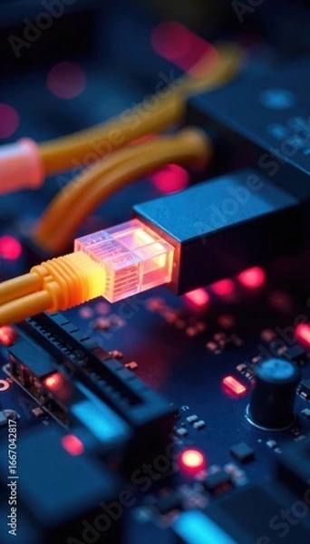 Obraz Fiber optic cable connected to computer motherboard, hardware, circuit