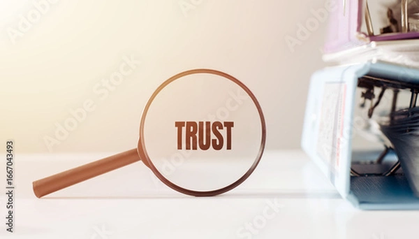 Fototapeta A magnifying glass with the word trust underneath it, symbolizing a focus on trust.