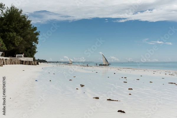 Fototapeta A sandy beach with a sailboat seen in the distance in Zanzibar.