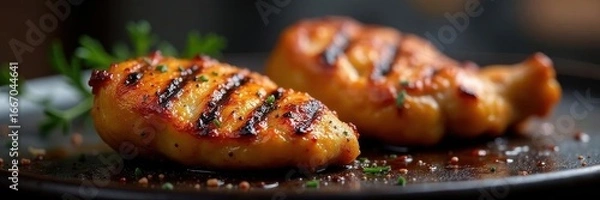 Obraz Grilled chicken, smoky char marks, juicy texture, dinner, plate