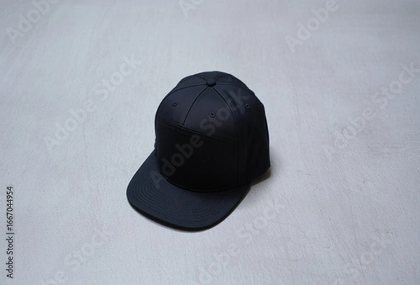 Fototapeta A plain black baseball cap with a flat brim on a light gray background