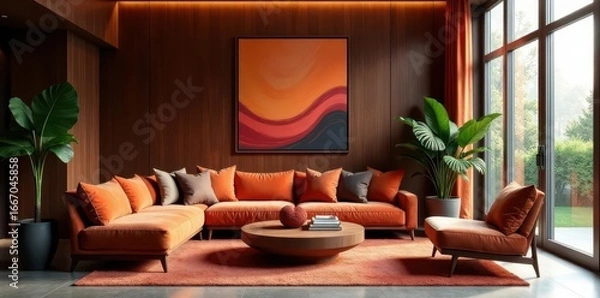 Obraz Sophisticated lounge with statement art, warm tones, colors, plants