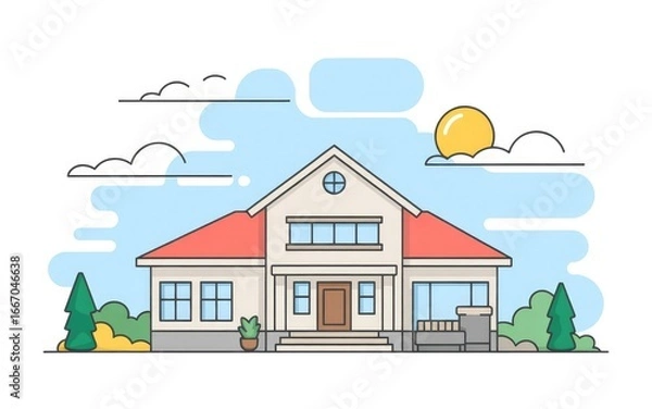 Fototapeta Flat vector illustration of a cozy house with fluffy clouds and a bright sun, minimal style, colorful design