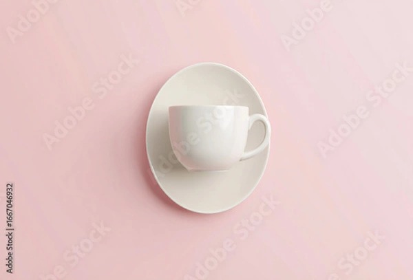 Fototapeta Minimalist white coffee cup and saucer on a soft pink background
