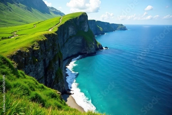 Obraz Steep emerald slopes plunging into vibrant blue water , texture, cliffs