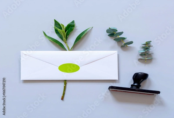 Fototapeta White envelope with green leaf and stamp on a light background