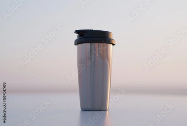 Fototapeta Modern stainless steel travel mug with black lid on a light background
