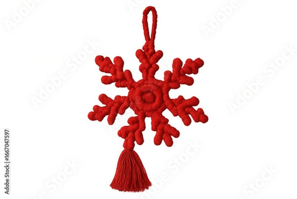 Fototapeta Christmas decoration with red macrame snowflake and tassel on transparent background, perfect for holiday projects