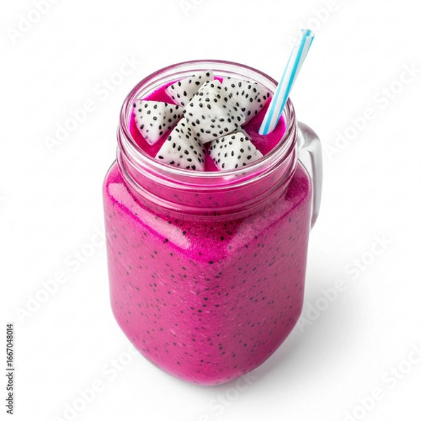 Fototapeta Pink Dragon Fruit Smoothie in a Mason Jar with Fruit Slices on a White Background