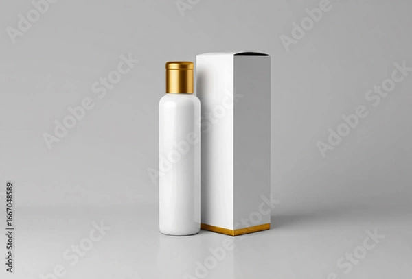 Fototapeta Minimalist white bottle with gold cap and matching box on a light gray background