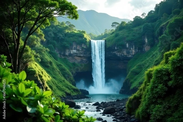 Obraz Abundant greenery frames a powerful waterfall on a Hawaiian island , tropical, image
