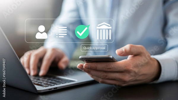 Fototapeta Get quick approval online using laptop and phone, modern business technology and finance concept