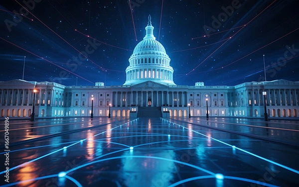 Obraz Illuminated capitol building with network connections at night on transparent background