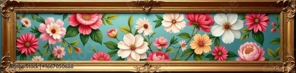 Obraz Gilded frame showcasing a vibrant floral Regency wallpaper , pattern, interior design, gold frame