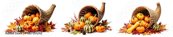 Fototapeta Woven cornucopias overflowing with colorful autumn fruits, vegetables, and leaves on a transparent background.