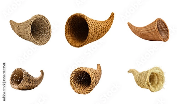Fototapeta Collection of empty woven cornucopia baskets in various styles and materials on a transparent background.