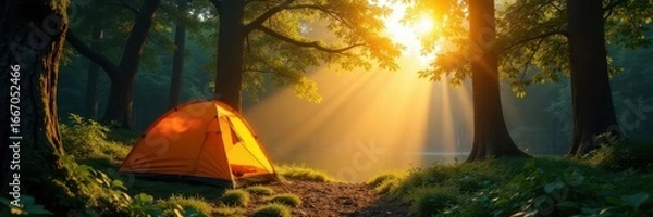 Obraz Golden light illuminating lush canopy above campsite, green, tent