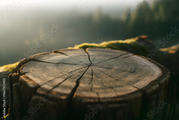 Obraz textured tree stump with rings and cracks, softly lit against a blurred green forest background
