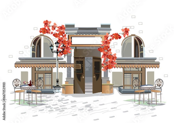 Fototapeta Series of backgrounds decorated with flowers, old town views and street cafes. Cafe window.   Hand drawn vector. 
