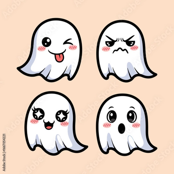 Obraz Four adorable cartoon ghosts with different facial expressions and emotions, perfect for Halloween.