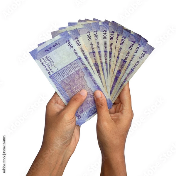 Fototapeta Two hands holding spread of 100 rupee notes banking and financial transactions. Indian currency, bank notes, cash in hand.