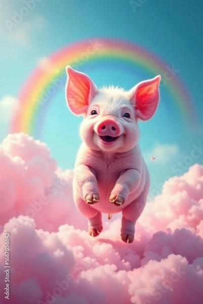 Obraz Pink piglet joyfully trots on fluffy rainbow clouds, sun, soaring