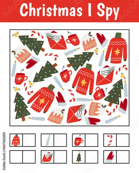 Fototapeta Christmas I spy game for kids. Searching and counting activity for preschool children with traditional New Year objects. Winter printable worksheet for kids.