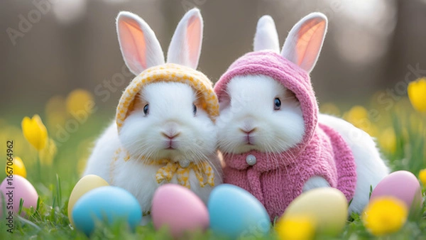 Fototapeta Two cute bunnies in knitted rugs sit
on a meadow surrounded by colorful Easter eggs.