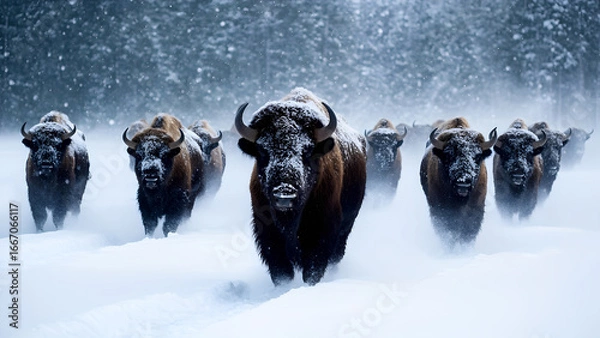 Fototapeta a herd of buffalo wandering through a snowy landscape,