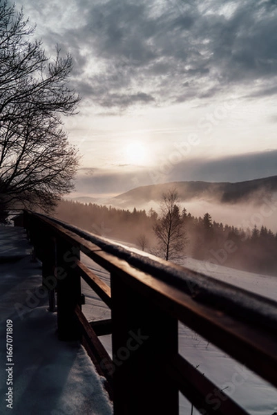 Fototapeta Landscape with strips of flowering fields by the lake under the blue sky. Spring energy, travel, sustainable agriculture, place for text in the sky.