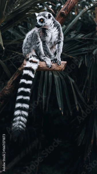 Fototapeta A long-tailed lemur sits on a log and looks back into the jungle. Clean background, contrasting texture and space for text - ideal for the theme of biodiversity, nature conservation.