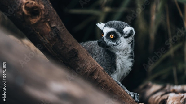 Fototapeta Detail of a lemur among the trunks, sharp amber eye and profile. Atmospheric wildlife scene for visuals about adventure, safari, silence of the forest and concentration.
