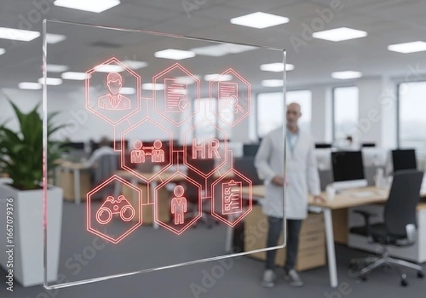 Fototapeta A modern office with HR icons, showing the future of human resource management.