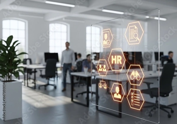 Fototapeta A modern office with HR icons, showing the future of human resource management.