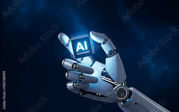 Obraz Robotic hand holding ai chip against a dark blue background on transparent background