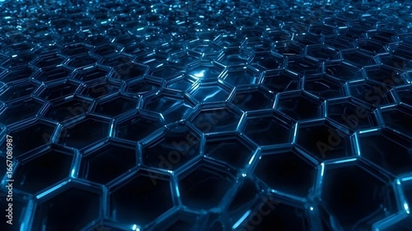 Fototapeta Honeycomb Pattern with Glowing Neon Blue Lines – Gradual Bright-Dim Gradient, Metallic Texture, Velvety Black Surface, Soft Blue Reflections, Delicate Luminous Design