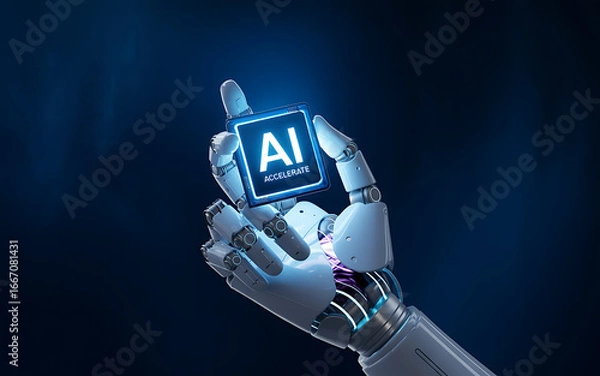 Obraz Robotic hand holding an ai accelerate chip on dark background on transparent background