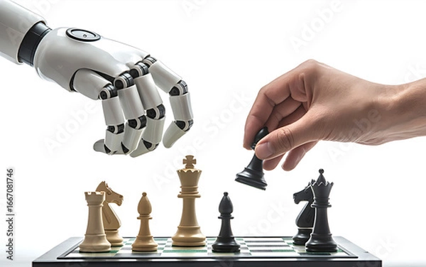 Obraz A robot hand and human hand playing chess on a chessboard on transparent background