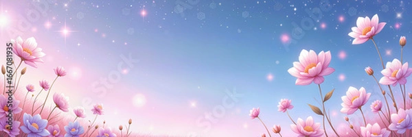 Obraz A serene scene of pink and purple flowers against a starry, gradient sky. Ideal for a birthday celebration.